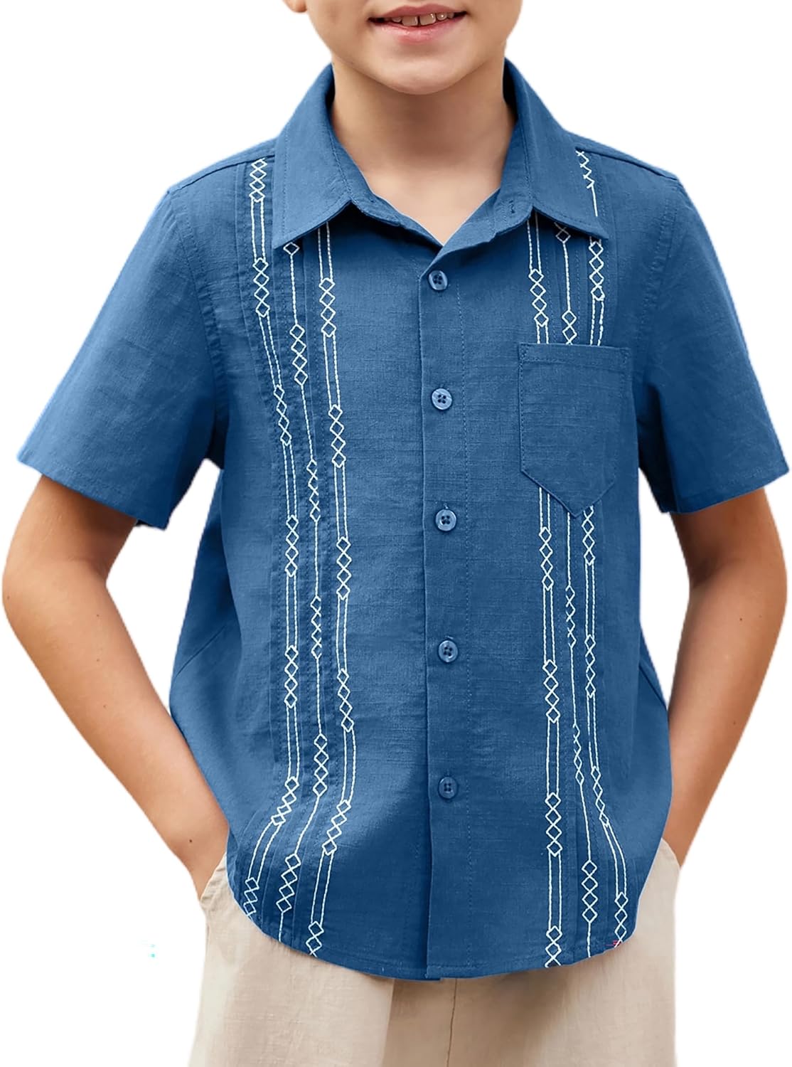 Boys Guayabera Shirt Short Sleeve Cotton Linen Summer Tops