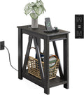 Narrow End Table with Charging Station - Slim Farmhouse Nightstand