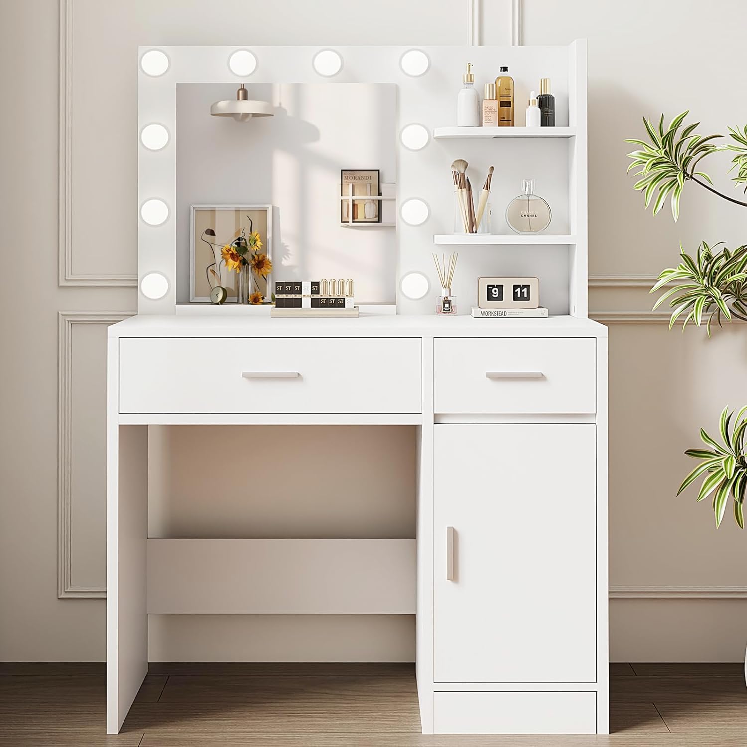 Vanity Desk with Lights & Storage, 3 Lighting Modes, White