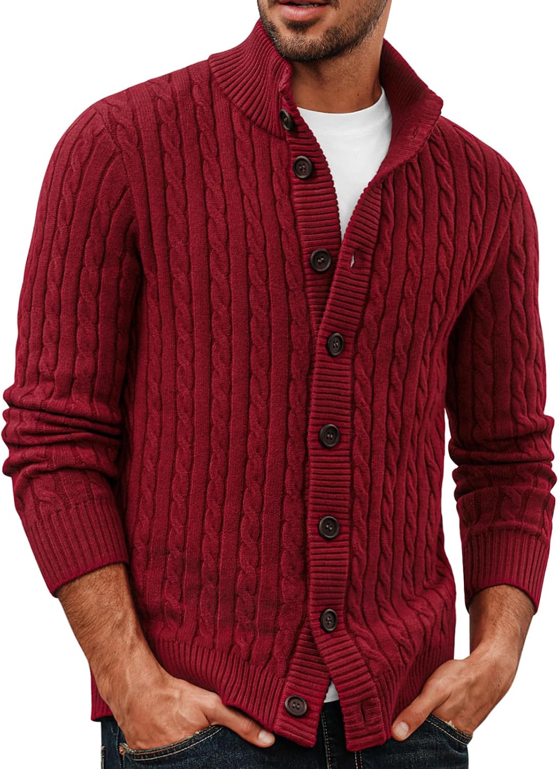 Stylish Mens Cardigan Sweater with Stand Collar and Button Up