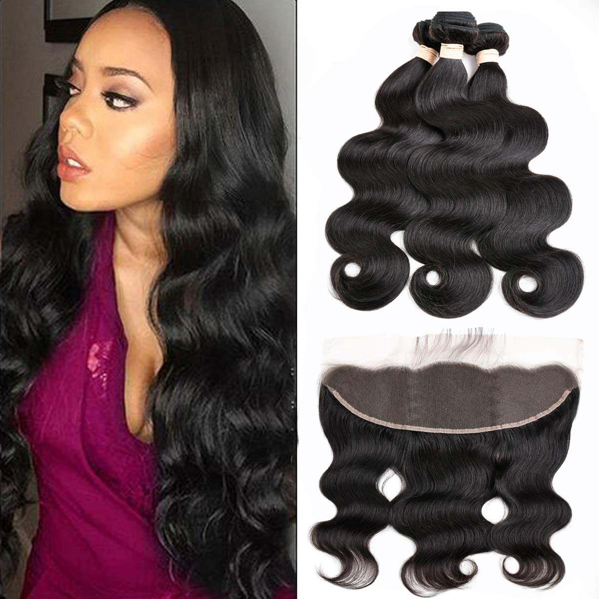 Body Wave 3 Bundles with Frontal Human Hair Extensions Natural Black