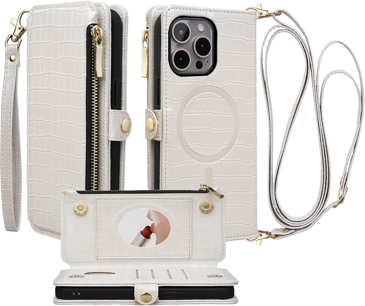 Crossbody Wallet Case for iPhone 15 Pro Max with Mirror