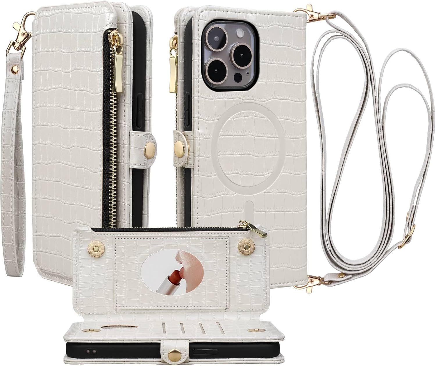 Crossbody Wallet Case for iPhone 15 Pro Max with Mirror