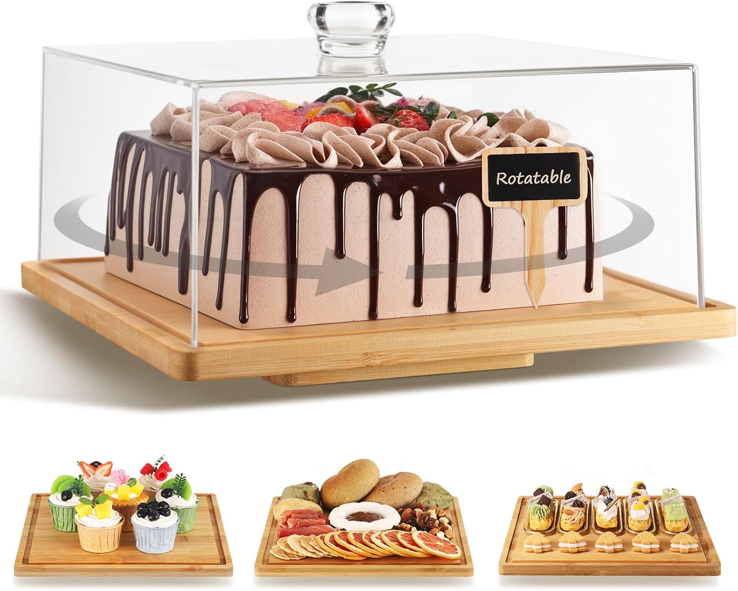 Rotatable Square Cake Stand with Lid for Elegant Dessert Display