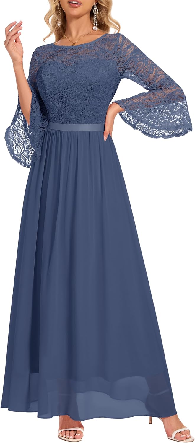 Elegant Bell Sleeve Maxi Evening Dress for Wedding Guests