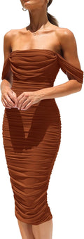 Wedding Guest Off Shoulder Ruched Bodycon Midi Dress - Flattering
