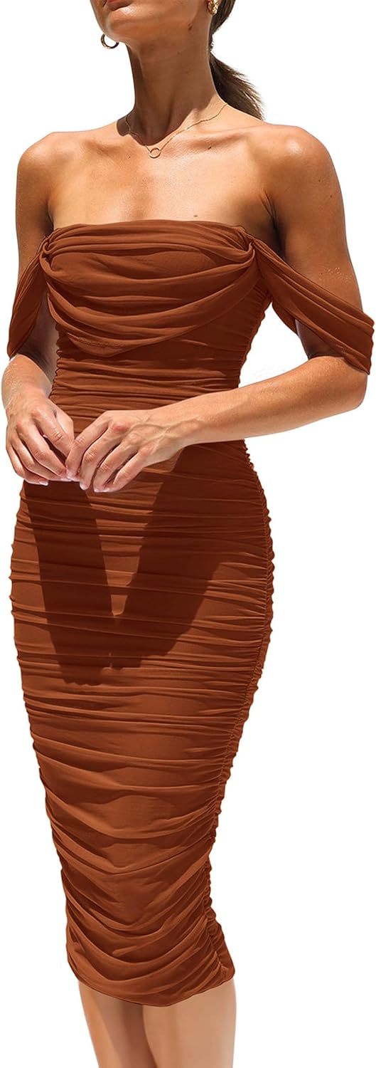 Elegant Off Shoulder Midi Dress for Wedding Guests and Parties