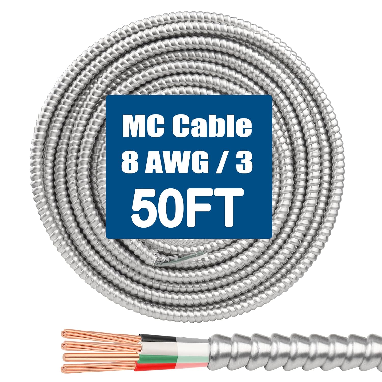 8/3 MC Cable with Ground - 50FT Heavy-Duty Pure Copper Wire