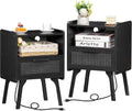 Black Rattan Nightstands Set of 2 with Charging Station - Boho Bedside