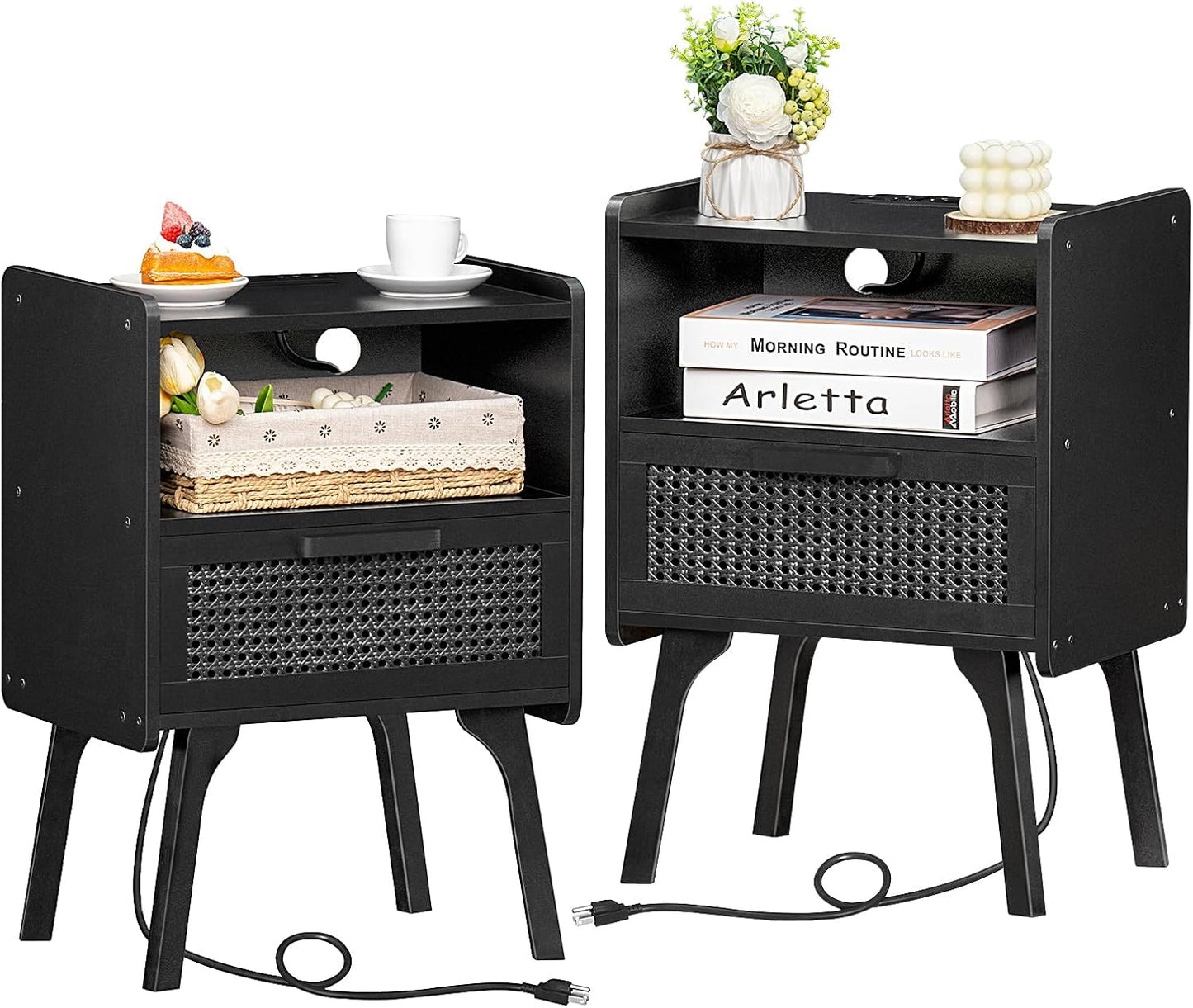 Stylish Rattan Nightstands Set of 2 with Charging Station