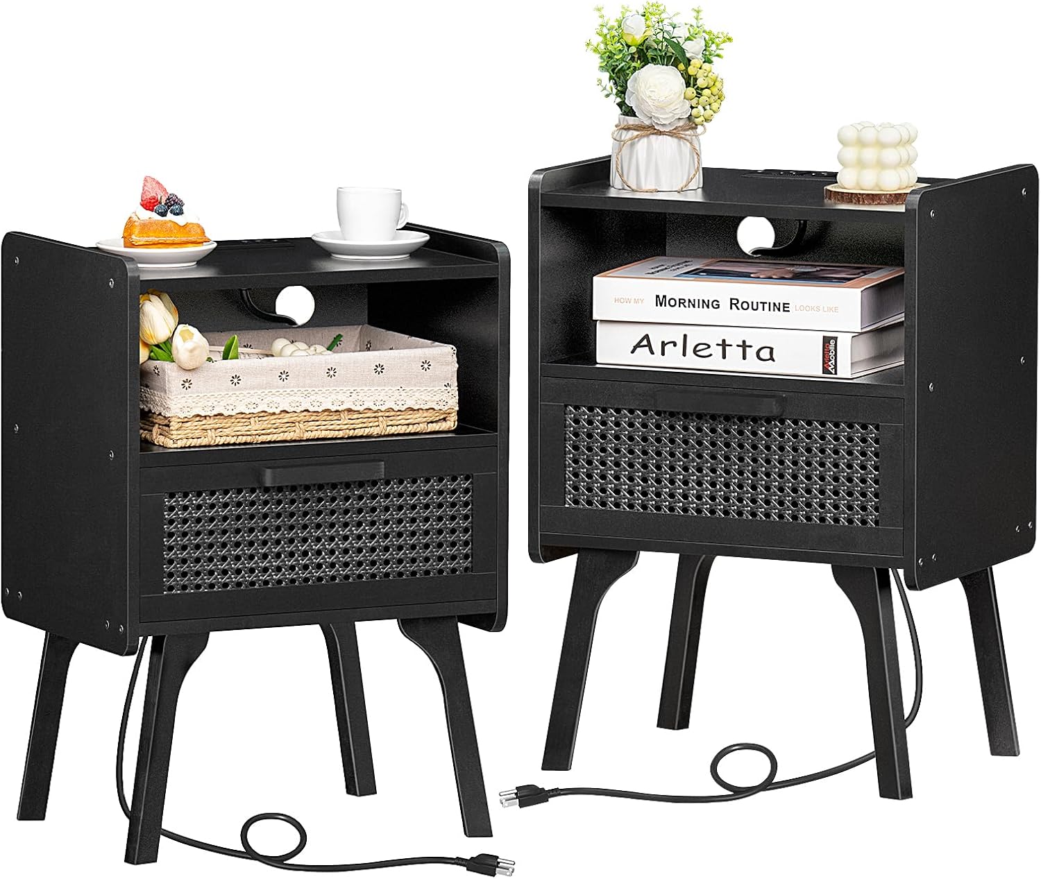 Stylish Rattan Nightstands Set of 2 with Charging Station