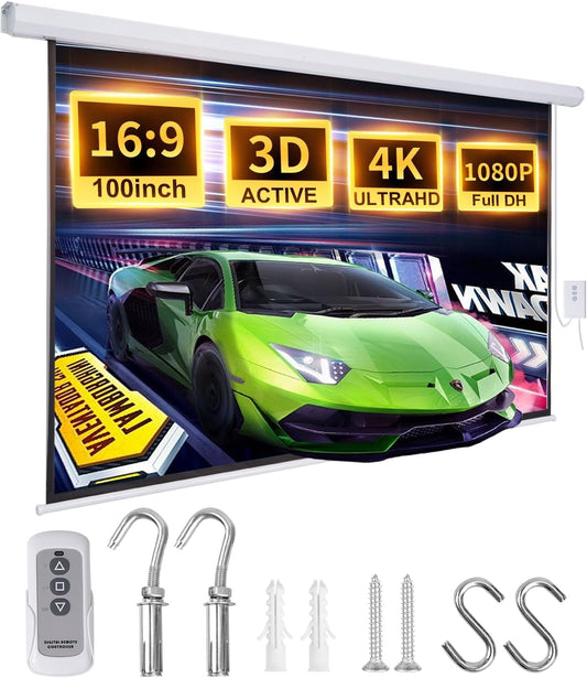 100 Motorized Projector Screen w/ Remote - HD Movie Magic
