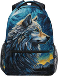 Wolf Blue Starry Sky Backpacks for 3rd 4th 5th Grade - Laptop Daypack