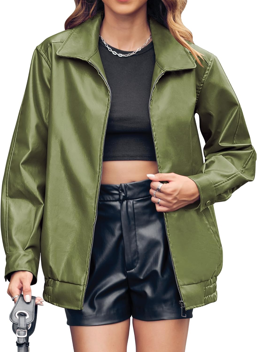 Miladusa Womens Oversized Leather Jackets Trendy Bomber Style