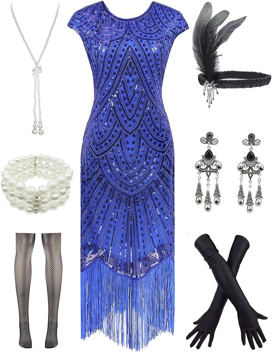 Vintage Lace Fringed Gatsby 1920s Cocktail Dress with Accessories
