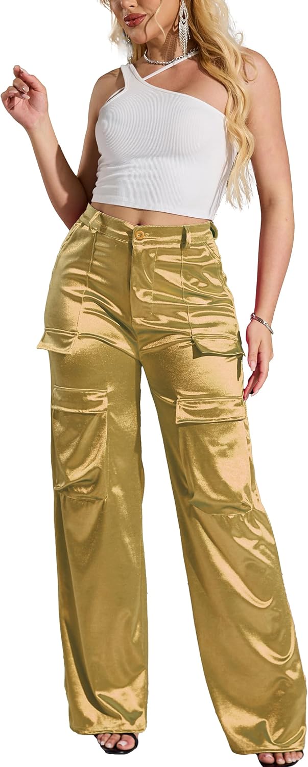 Womens High Waisted Satin Cargo Pants for Trendy Outfits