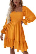 Women's Square Neck Lantern Sleeve Ruffle Shirred Mini Dress - Party