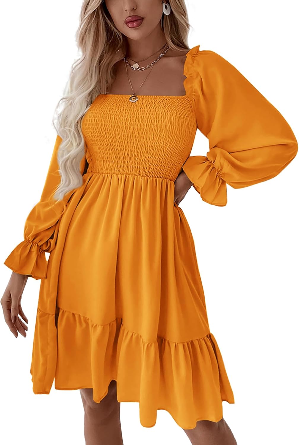 LYANER Women's Square Neck Lantern Long Sleeve Mini Dress