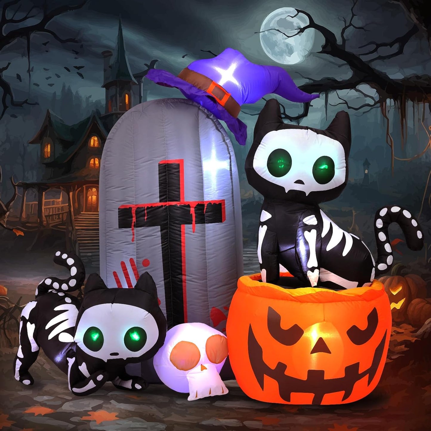 6FT Halloween Inflatables Skeleton Cat Pumpkin for Yard Decor