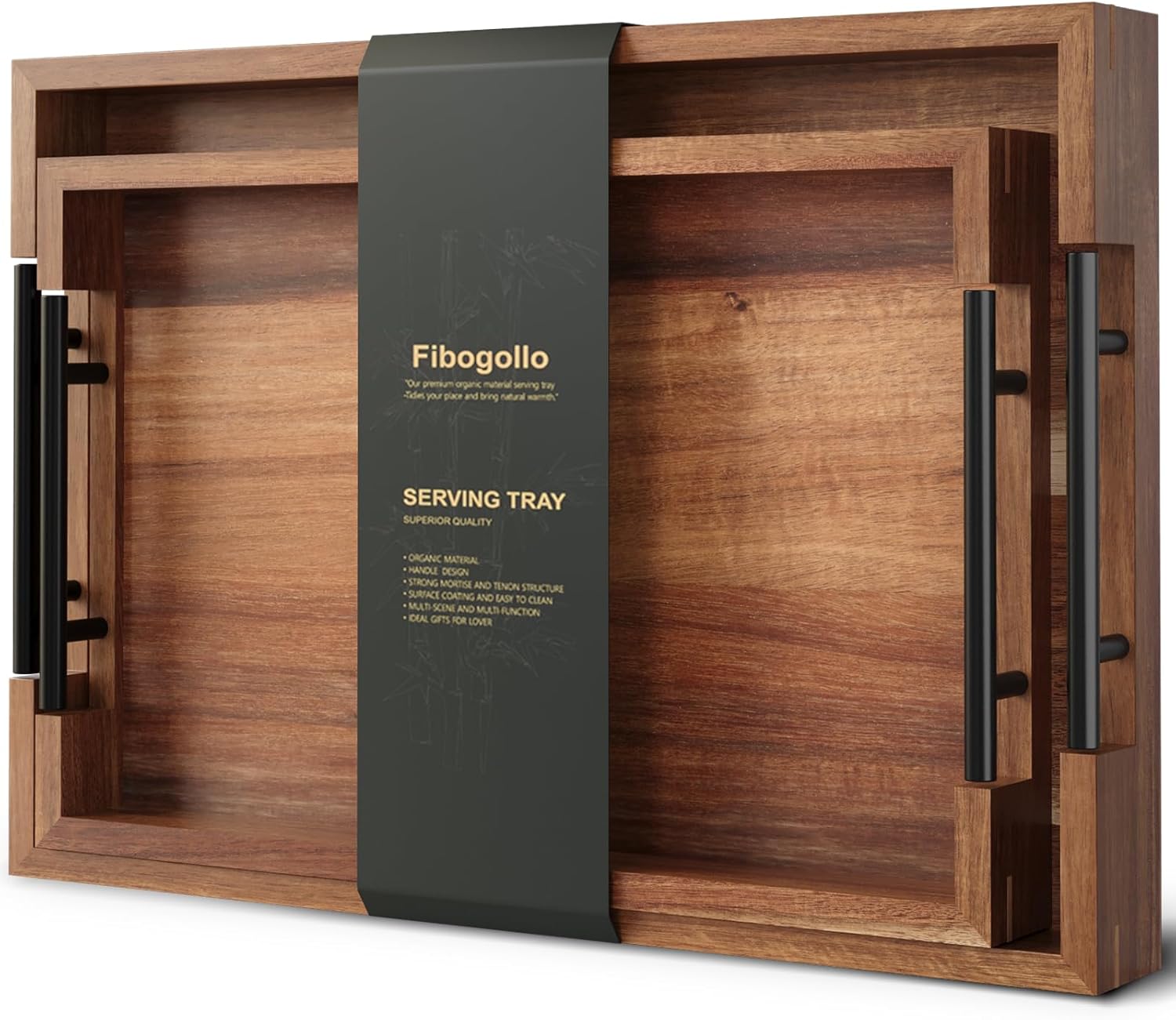 Acacia Wood Serving Tray Set with Metal Handles for Any Occasion