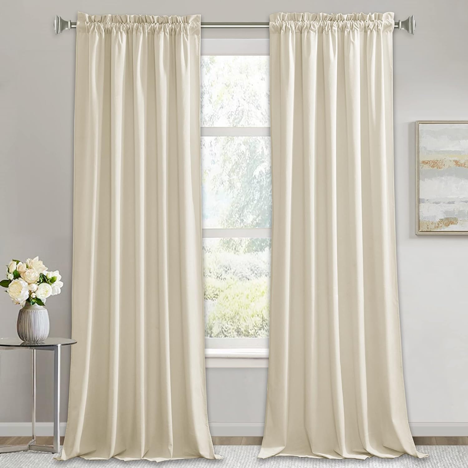 RYB HOME Beige Velvet Curtains - Plush Soft Drapes for Any Room