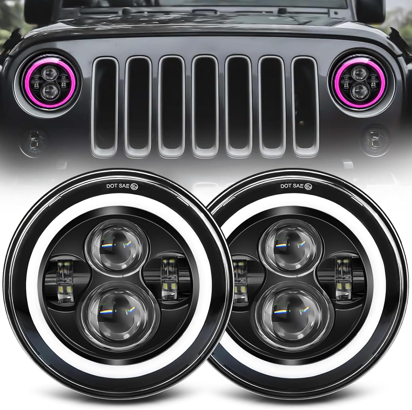 ZIMABLUE 7 Inch LED Headlights with Pink Purple Halo Design