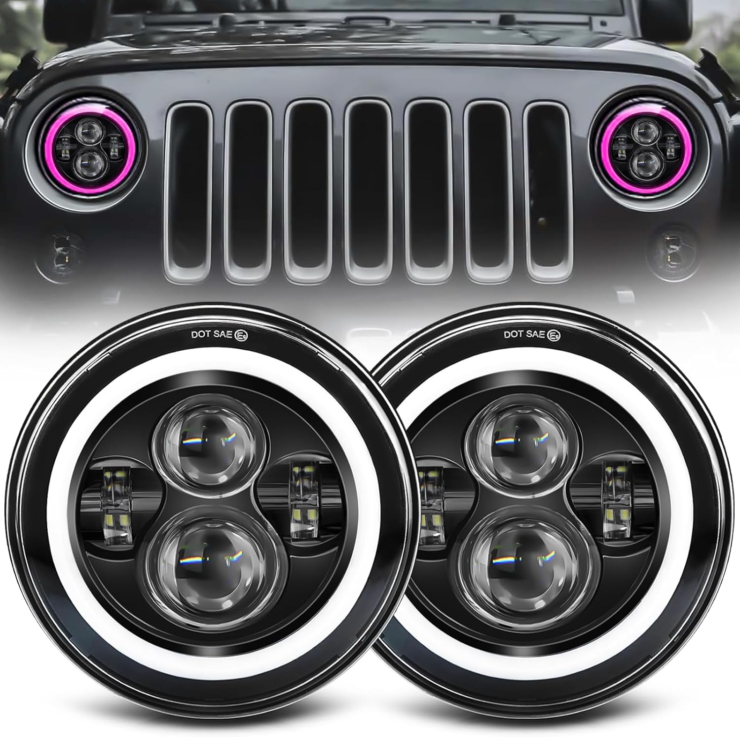ZIMABLUE 7 Inch LED Headlights with Pink Purple Halo Design