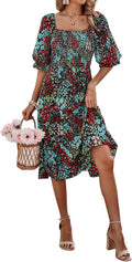 Women's Smocked Floral Midi Dress Square Neck - Flowy Boho