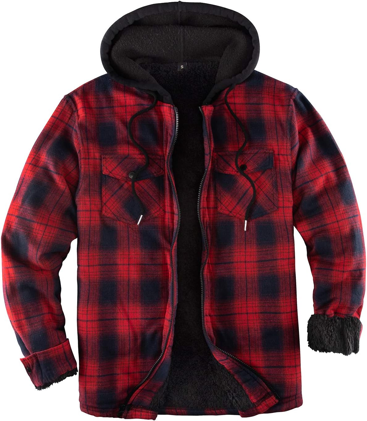 ZENTHACE Men's Sherpa Lined Full Zip Hooded Plaid Shirt Jacket
