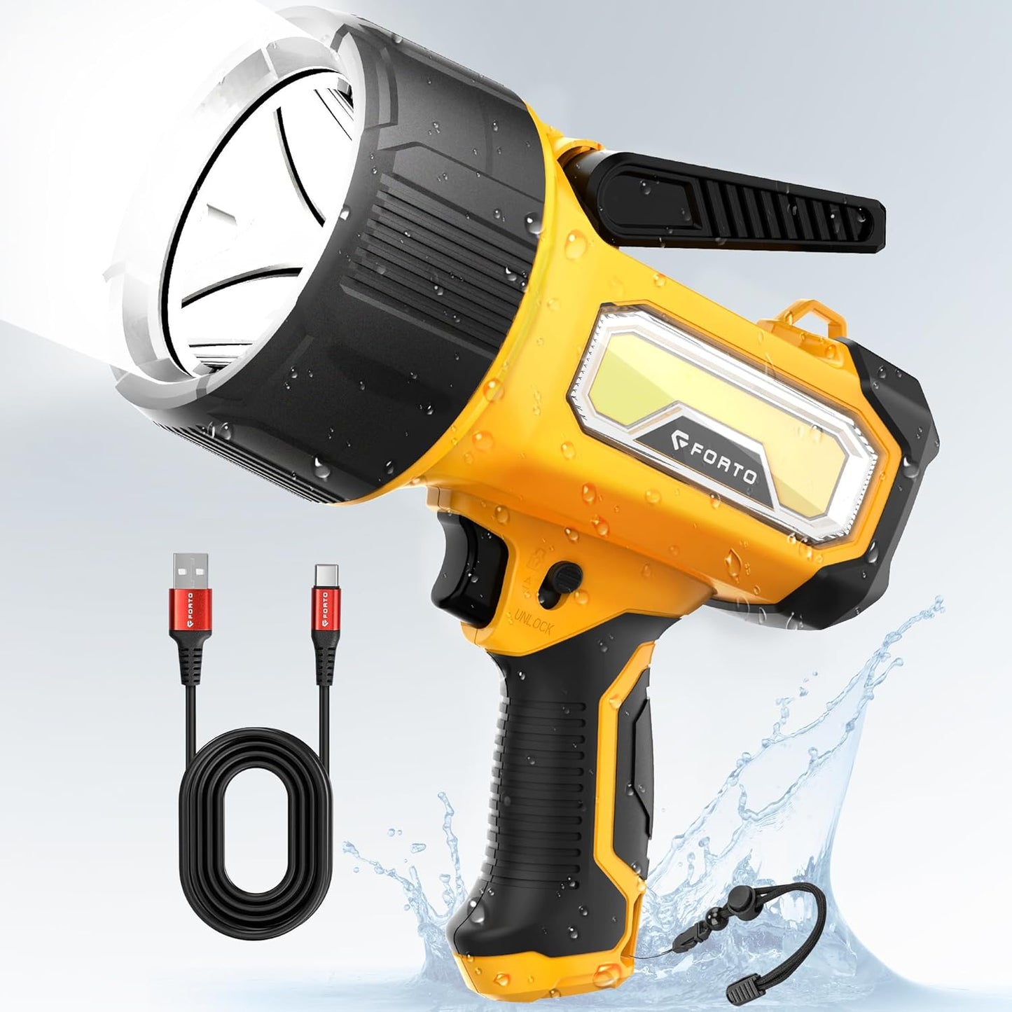 FORTO Rechargeable Spotlight: 200000 Lumens for Outdoor Use
