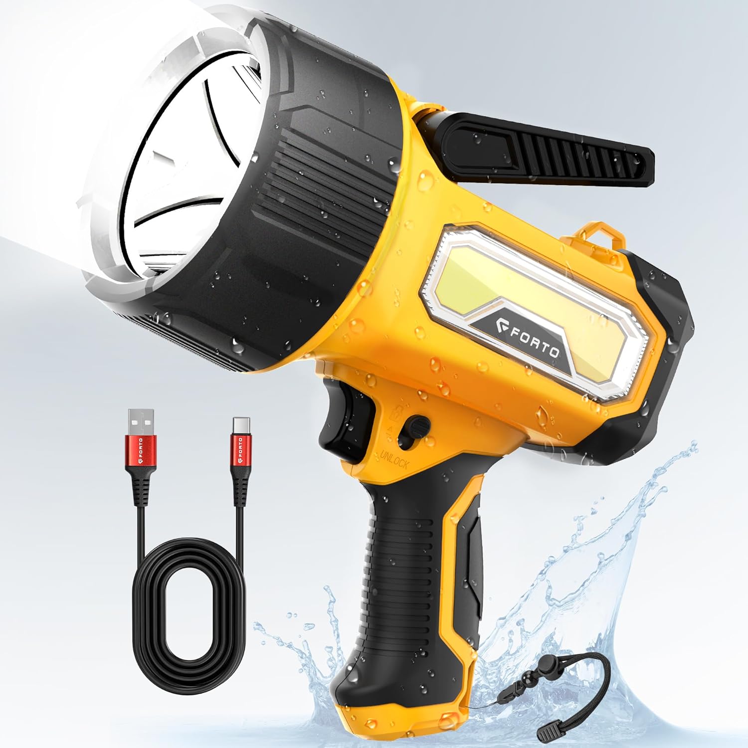 FORTO Rechargeable Spotlight: 200000 Lumens for Outdoor Use