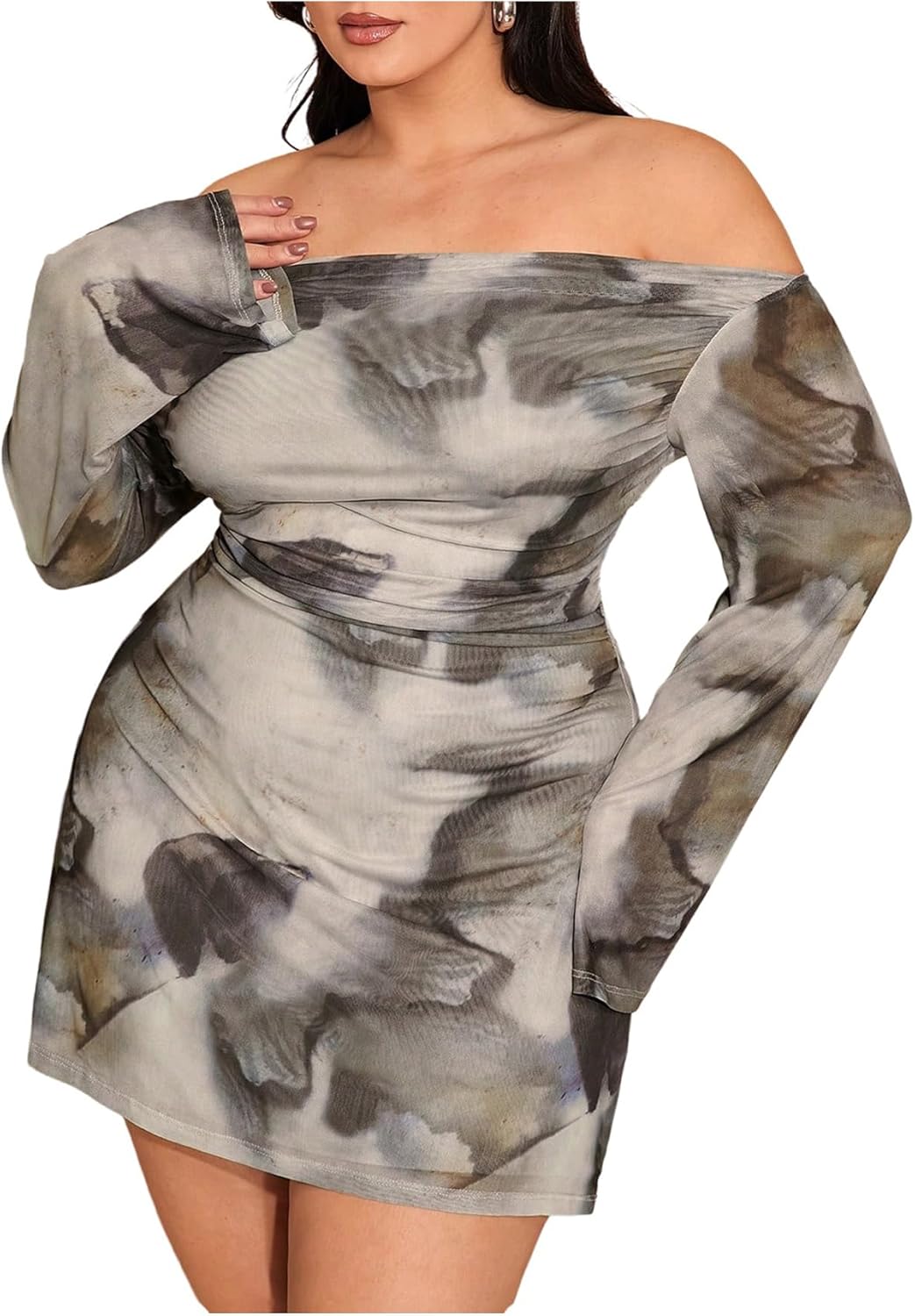 Plus Size Off The Shoulder Tie Dye Mini Dress for Women
