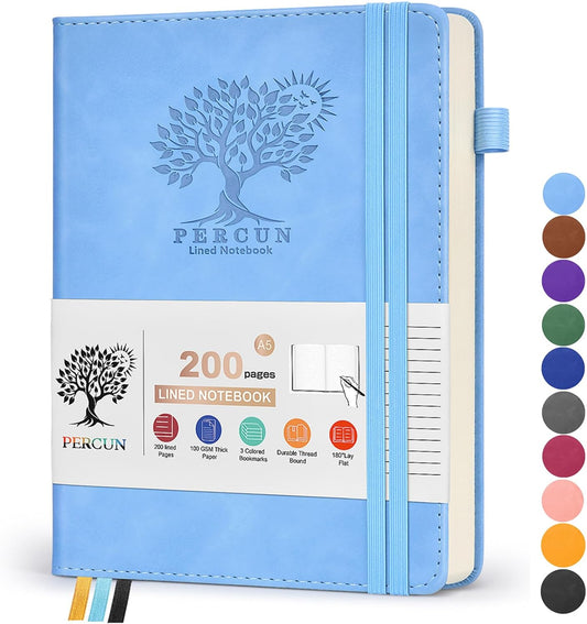 PERCUN Hardcover Leather Journal - Stylish A5 Notebook for Writing, Travel, Work - 200 Pages - Blue