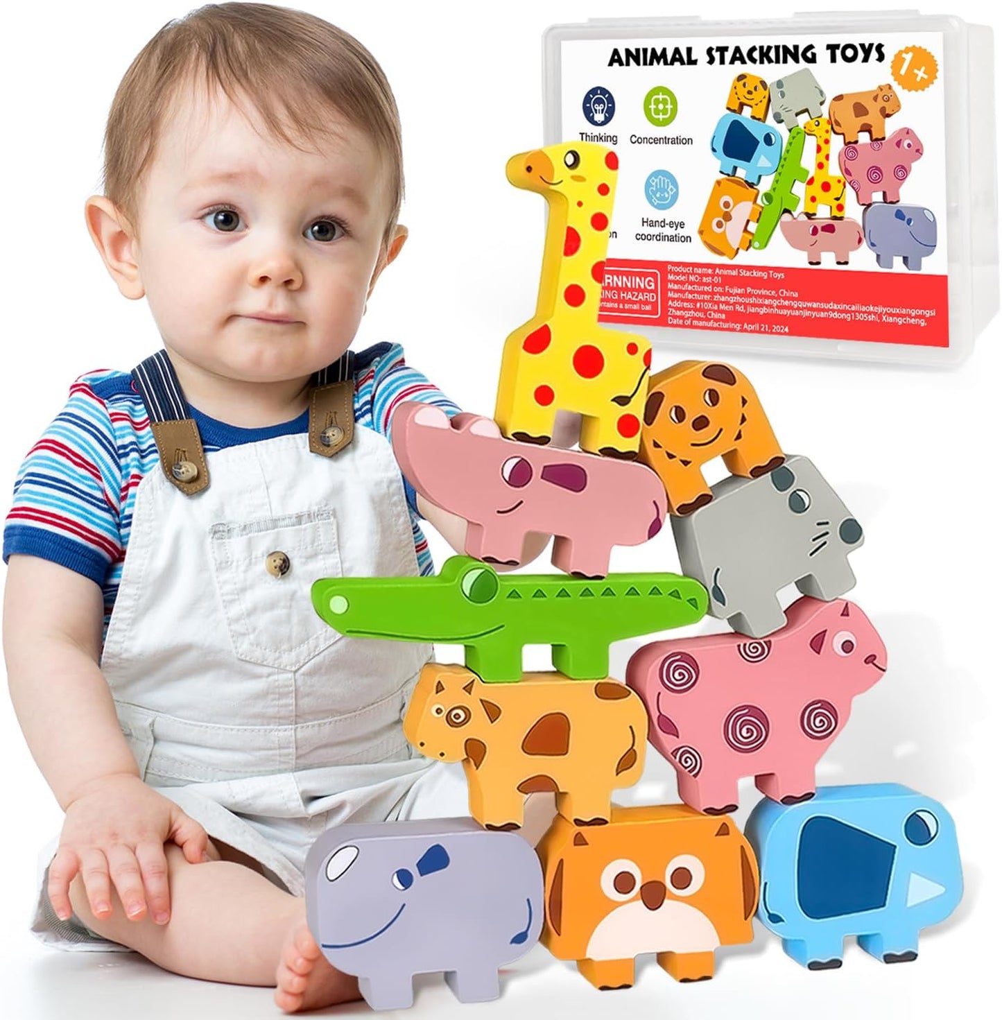 10pc Wooden Animal Stacking Blocks - Montessori Toddler Puzzles