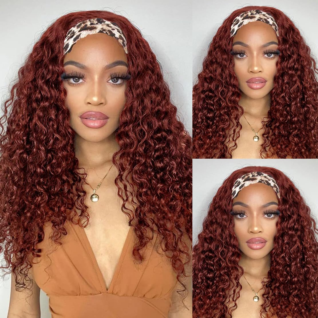 Reddish Brown Headband Wig Human Hair Deep Wave for Women