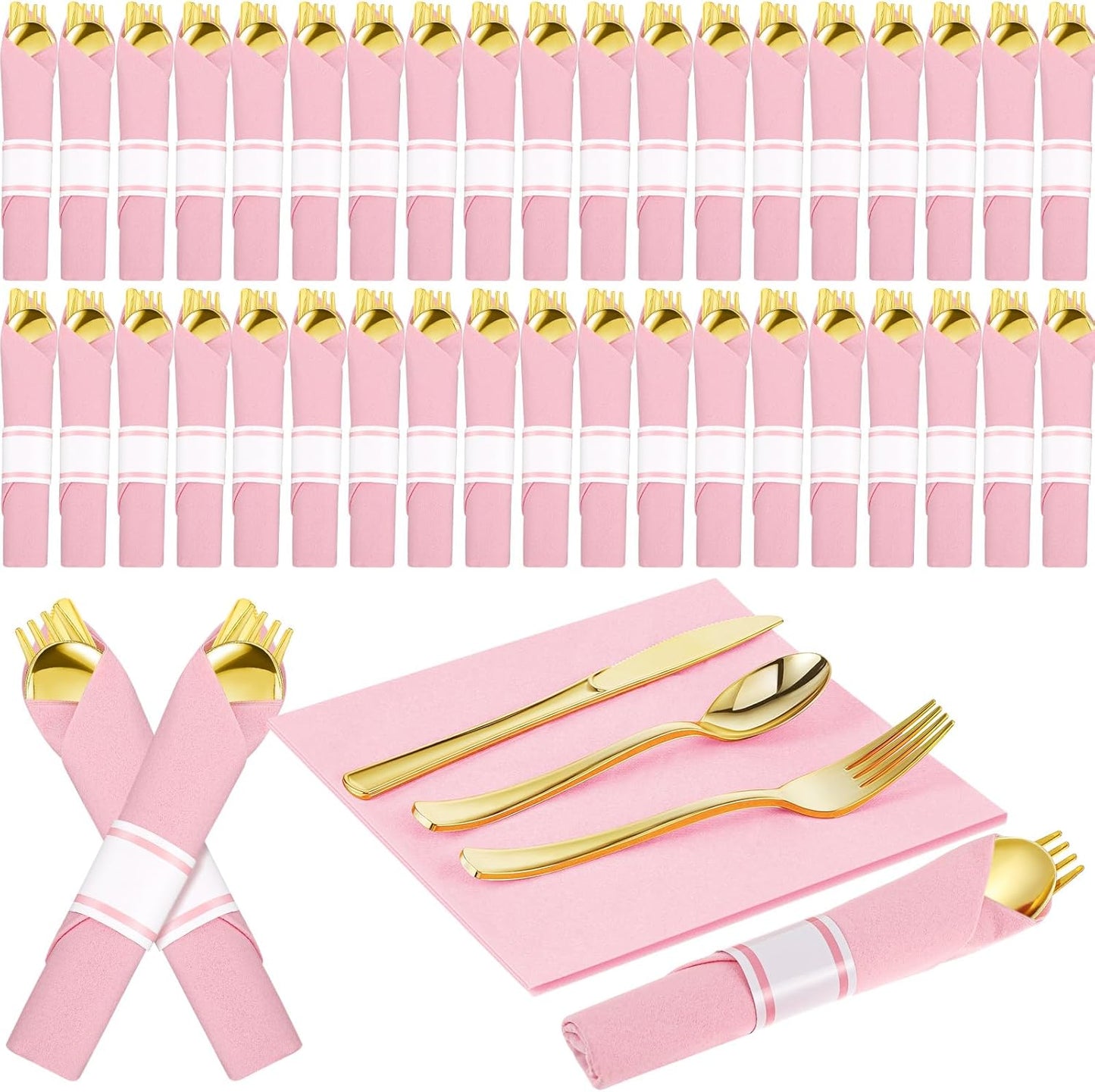 200 Pcs Pre-rolled Pink Gold Plastic Silverware Set for 50 Guests