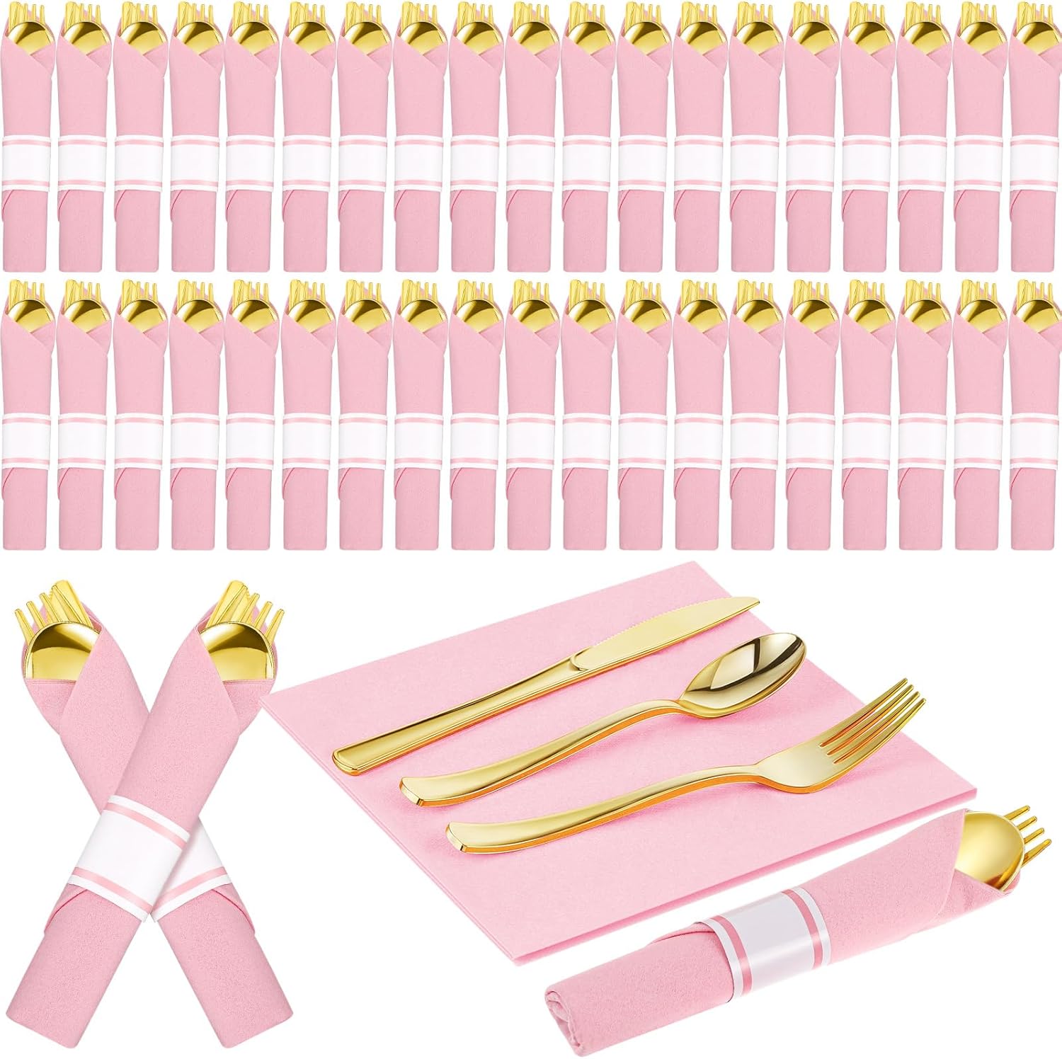 200 Pcs Pre-rolled Pink Gold Plastic Silverware Set for 50 Guests