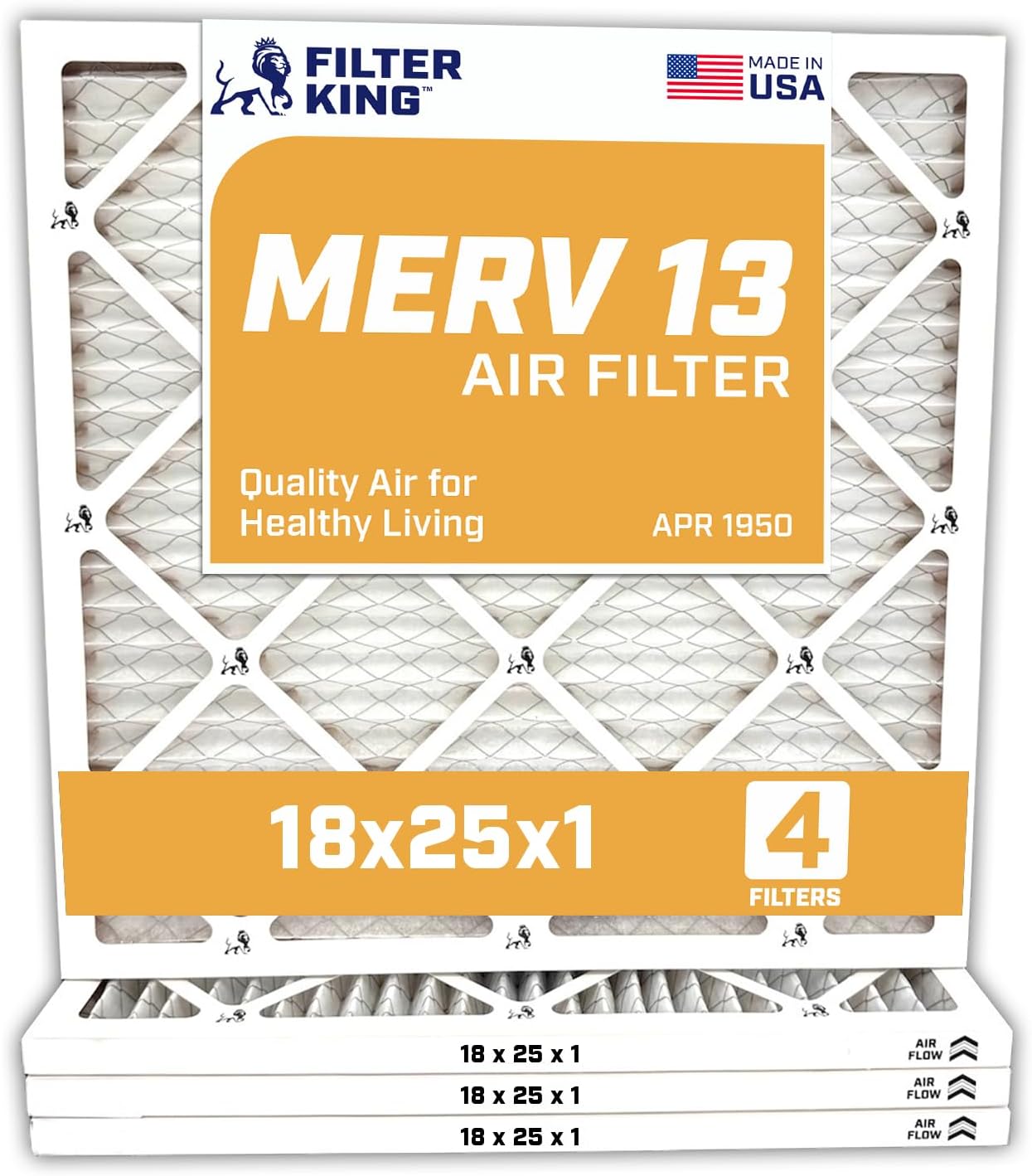 MERV 13 Air Filter 18x25x1 by Filter King - 4-Pack Quality