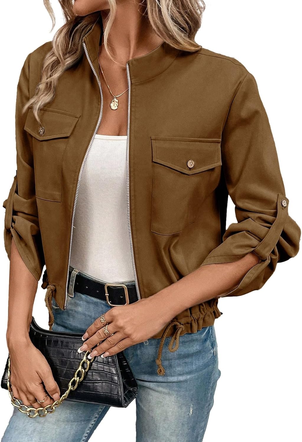 EVALESS Womens Zip Up Jacket with Roll Tab Sleeve and Pockets