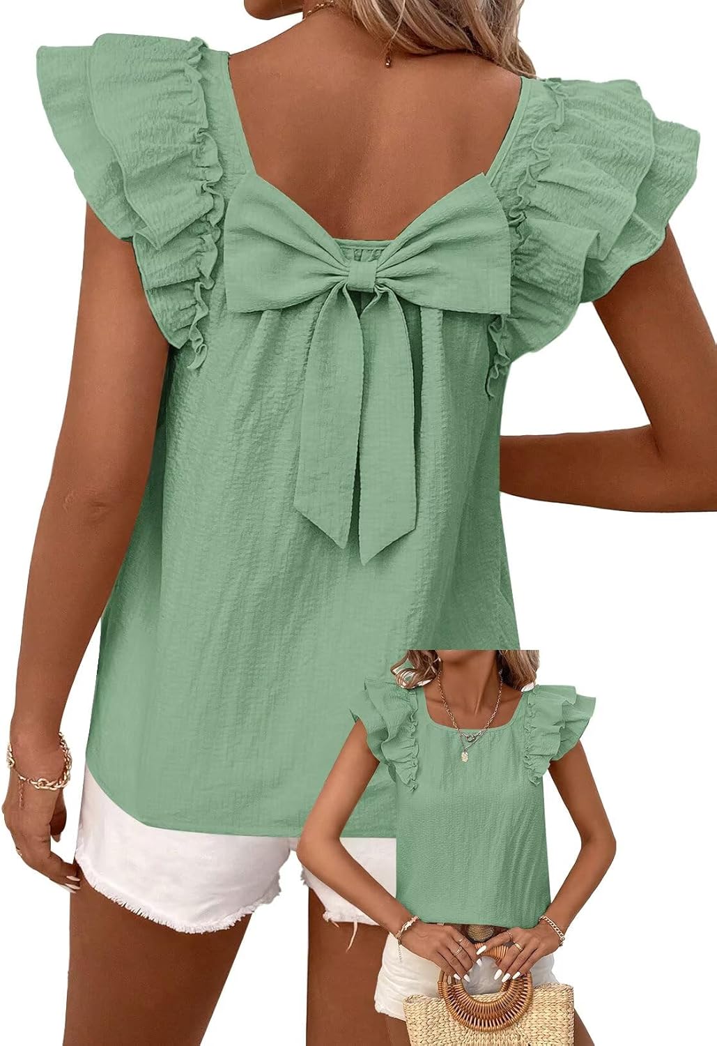 Womens Bow Tie Back Tops with Ruffle Short Sleeves for Summer