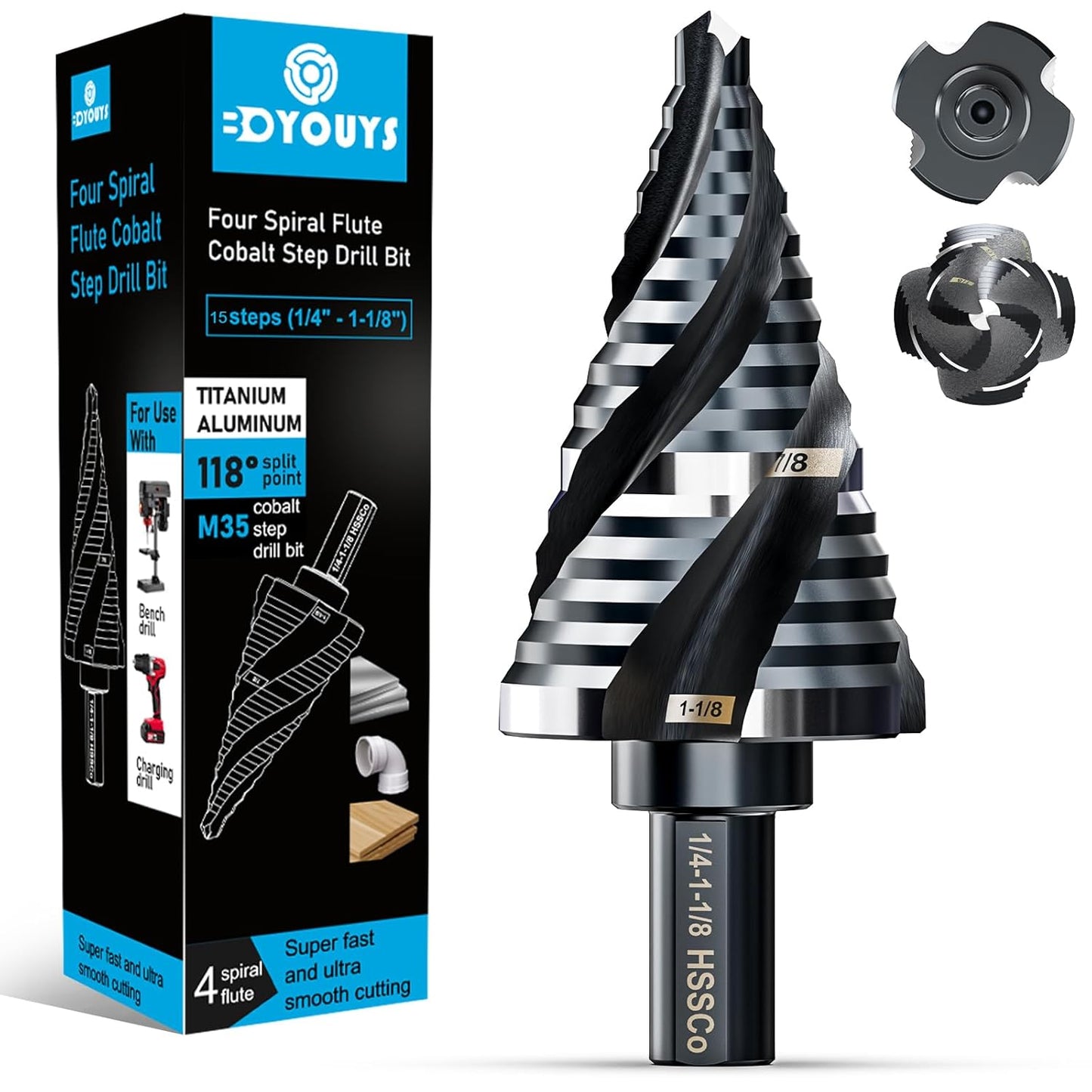 Four Spiral Flute M35 Step Drill Bit Set for Metal and More