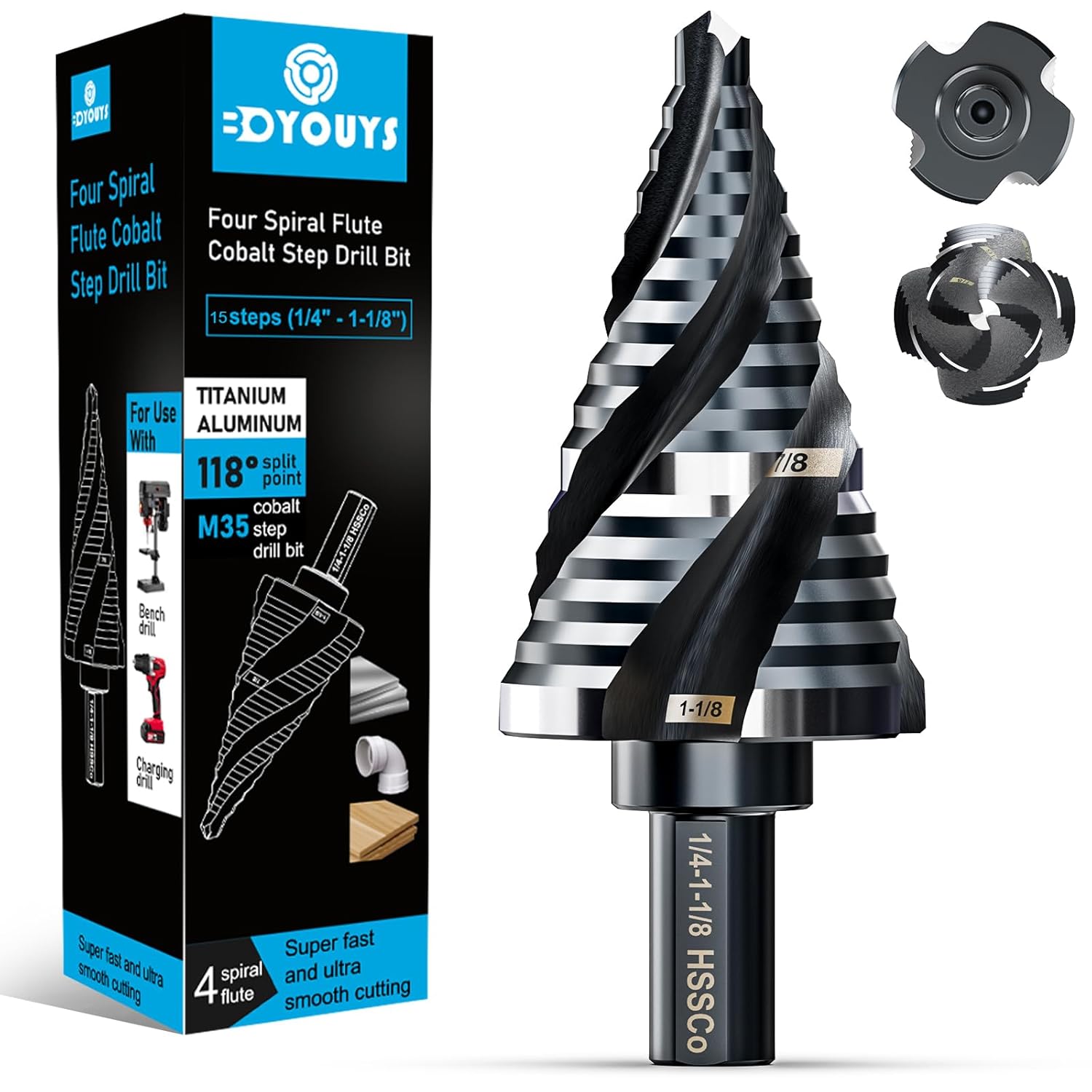 Four Spiral Flute M35 Step Drill Bit Set for Metal and More