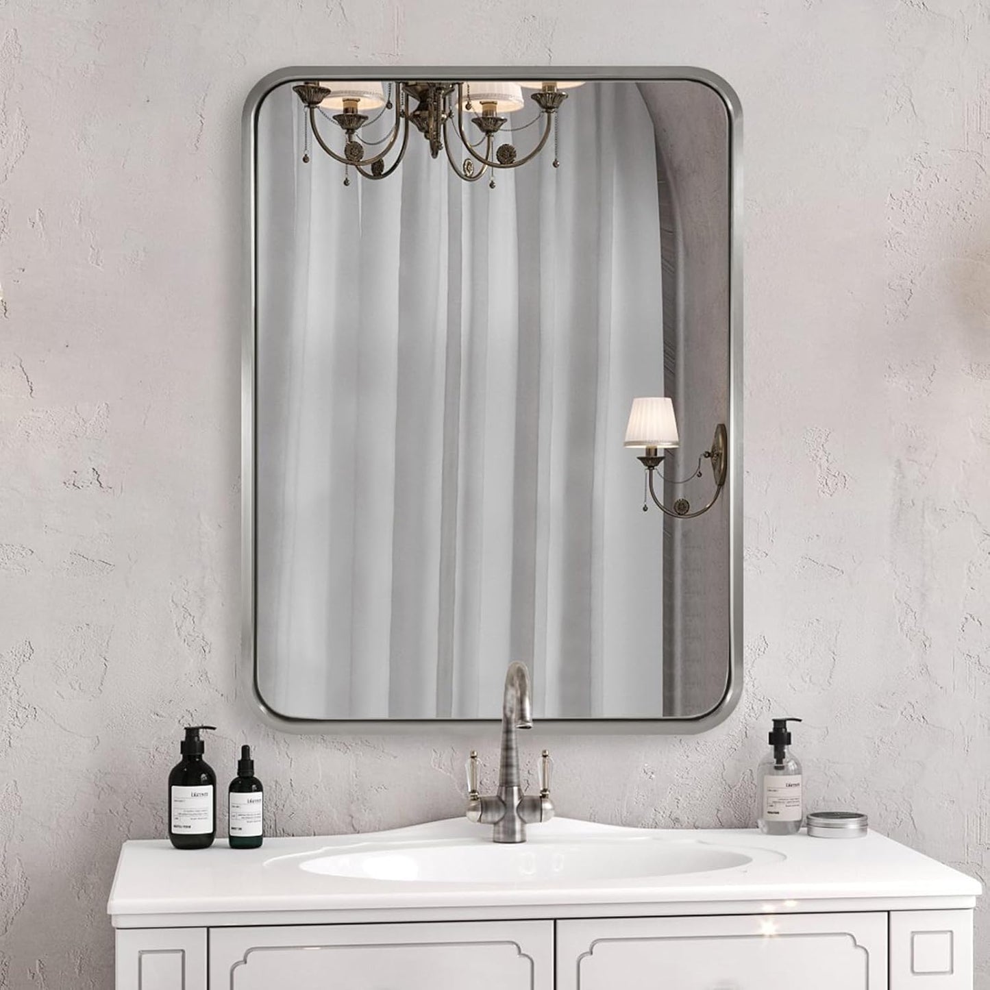 Brushed Nickel Rounded Rectangle Mirror for Bathroom Decor