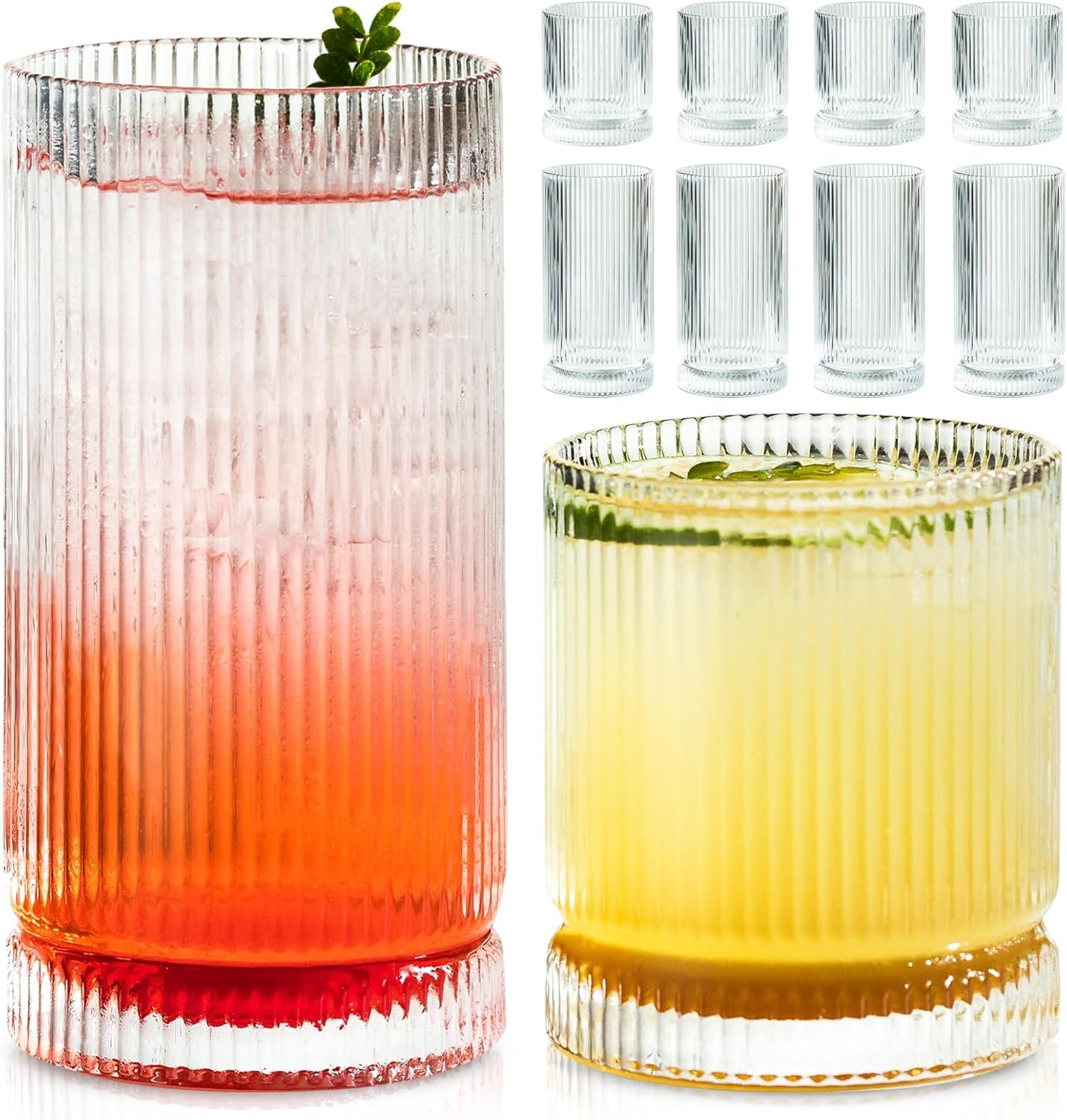 KEMORELA Ribbed Glassware Set - Vintage 16 Oz XL Drinking Glasses