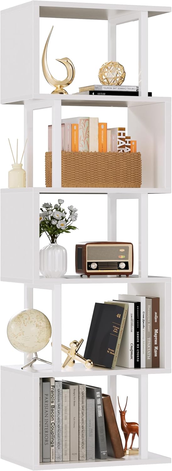 Furologee White Geometric Bookshelf - 6 Tier S-Shaped Design