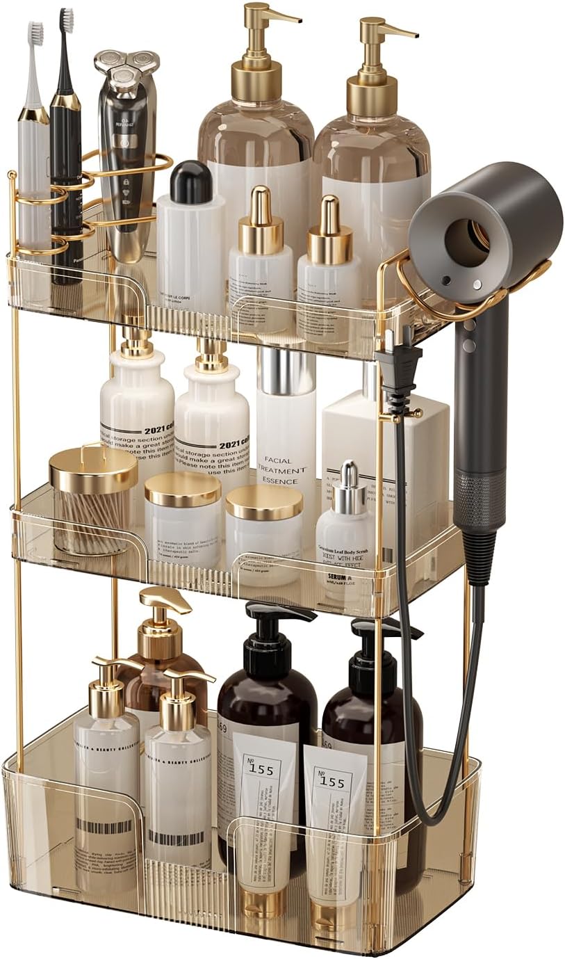 3 Tier Bathroom Organizer with Hair Dryer Rack and Toothbrush Holder
