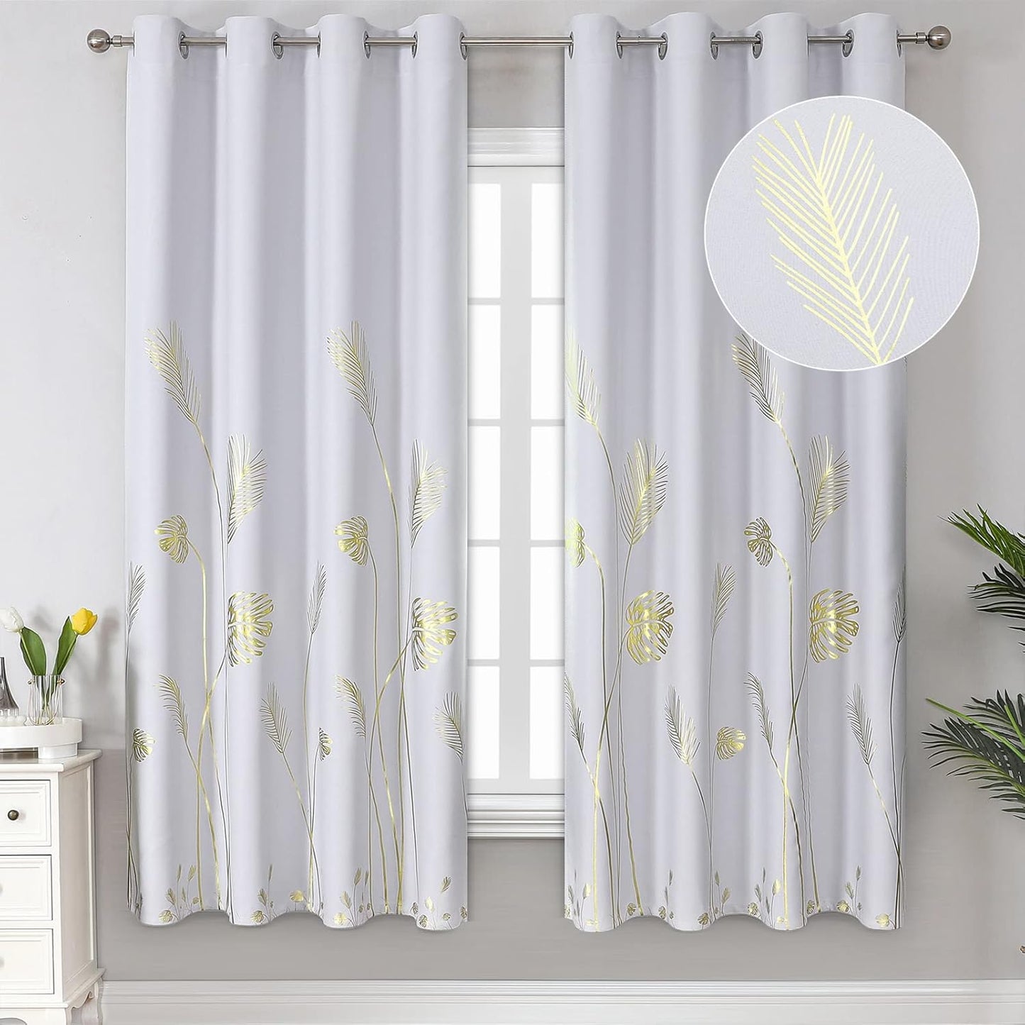 Elegant Greyish White and Gold Print Room Darkening Curtains