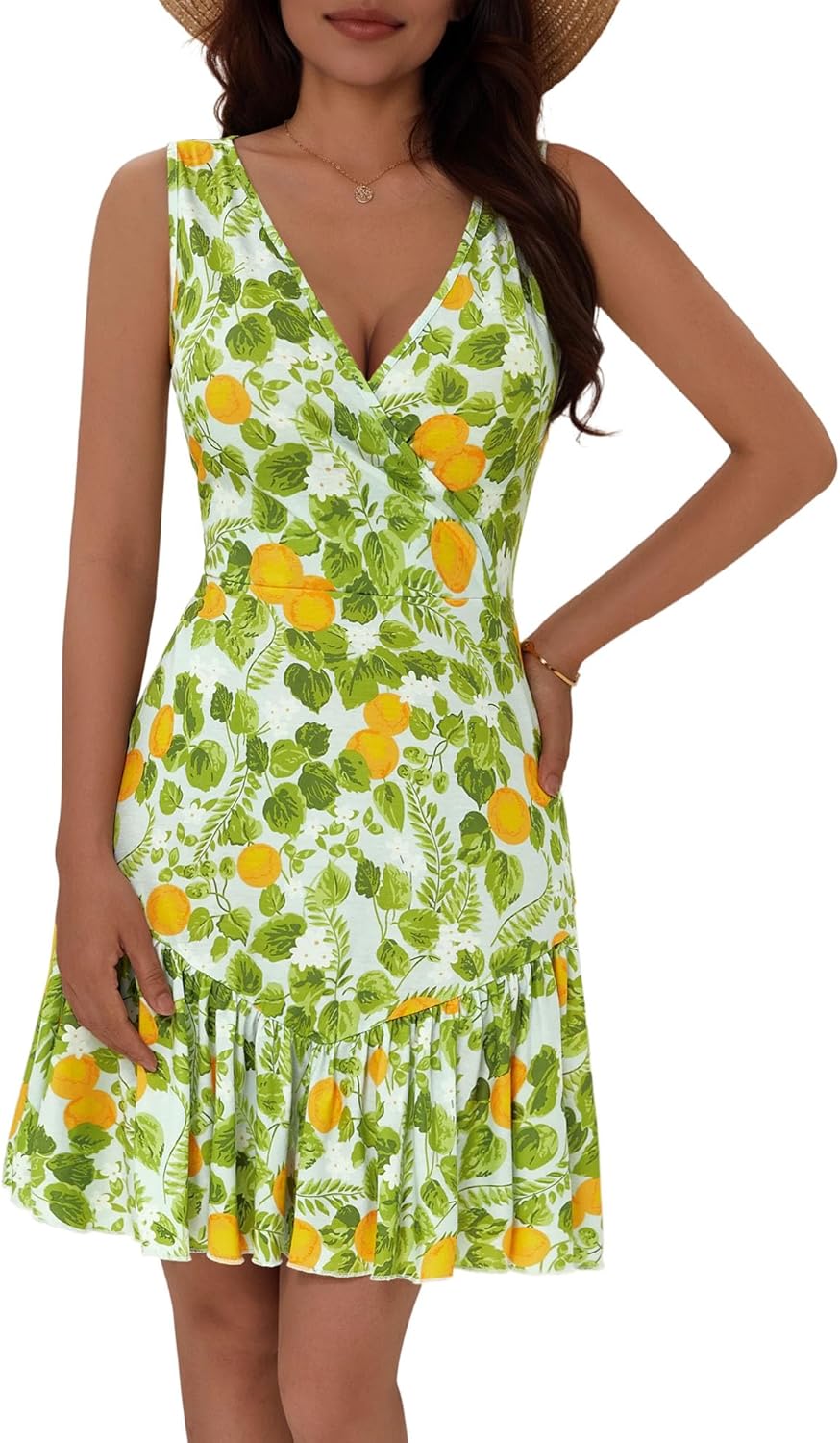 FENSACE Women's Summer Sleeveless Sexy Wrap V Neck Floral Dress