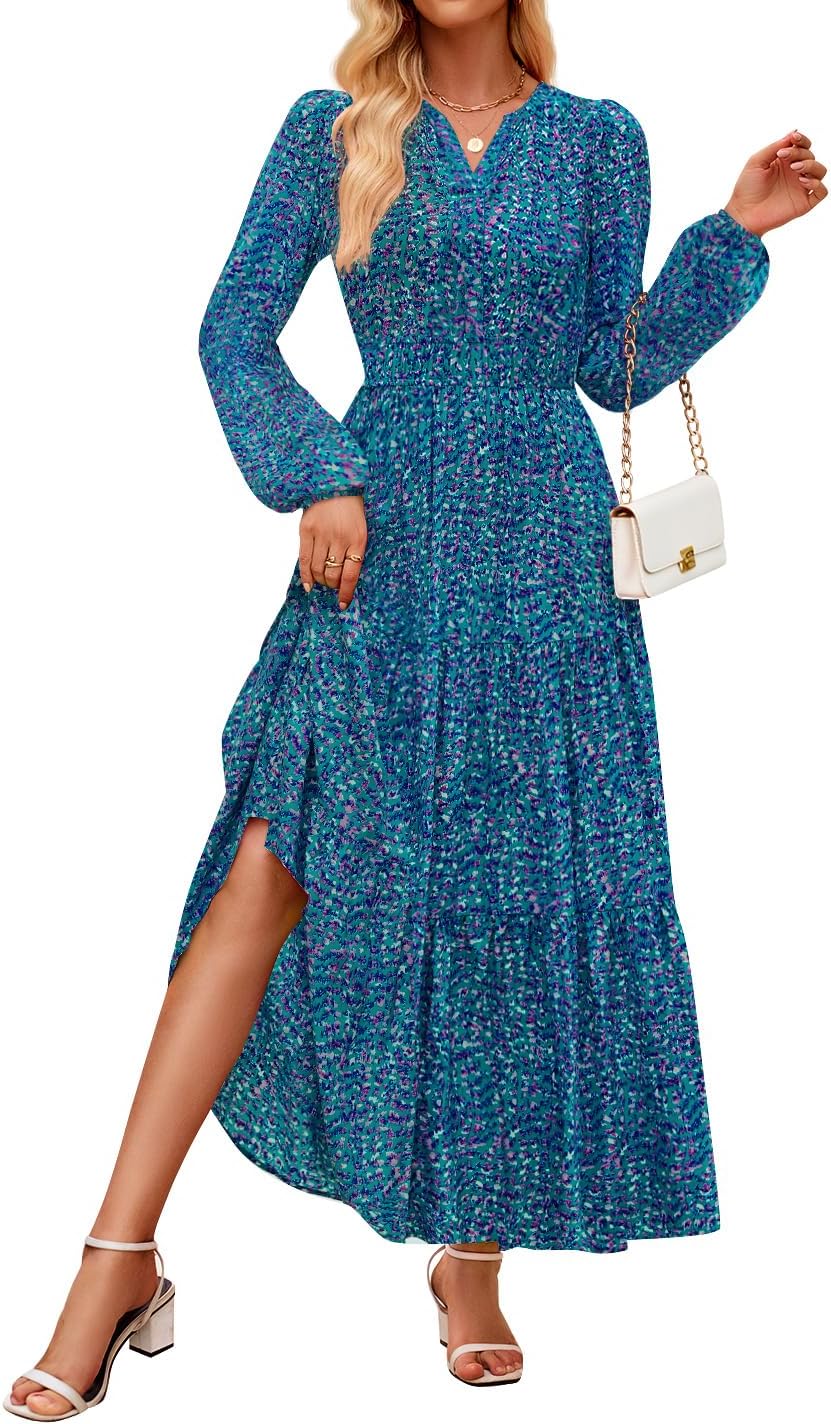 ZESICA Women's Floral Print Long Sleeve Maxi Dress for Fall