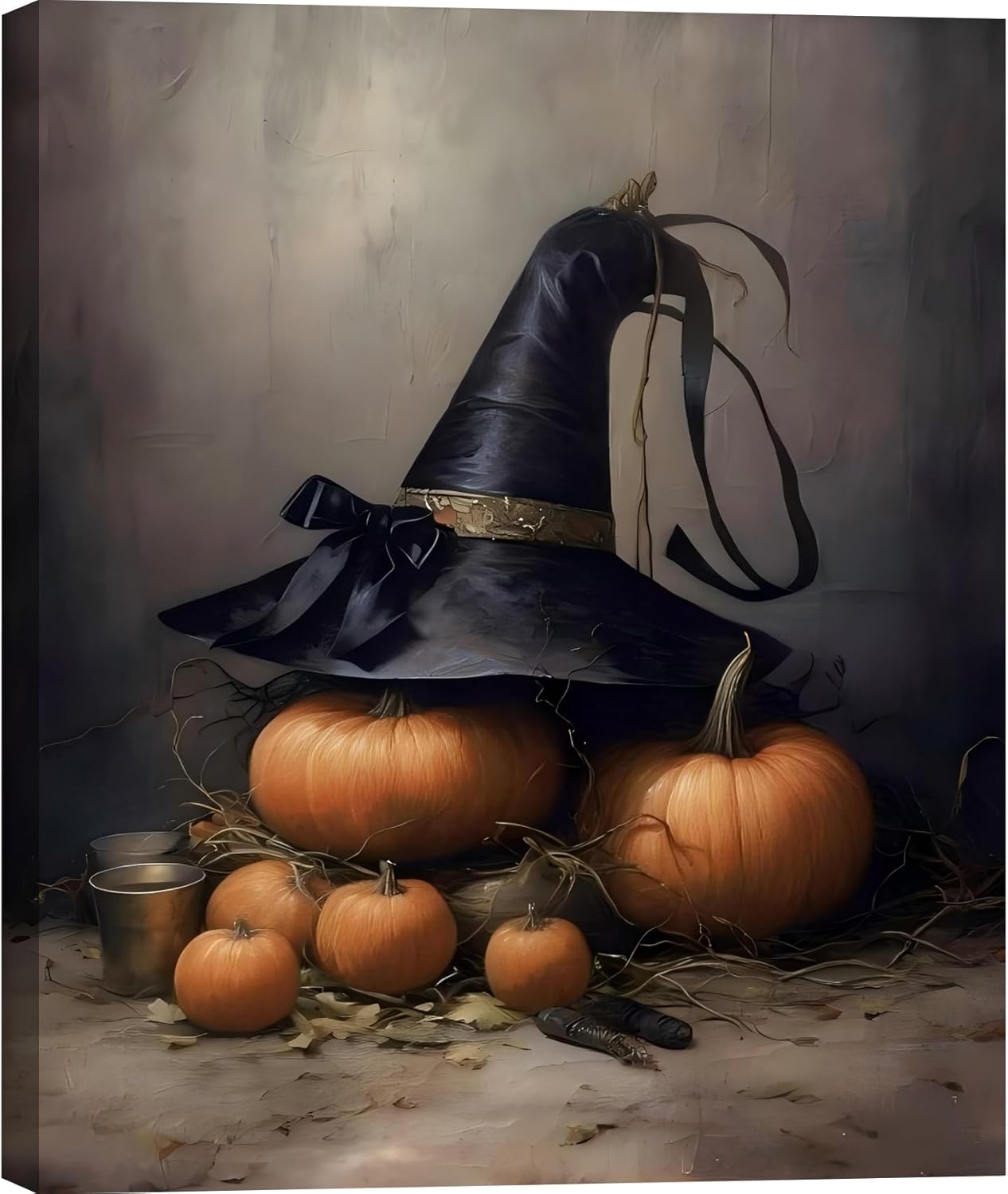 Witch Hat on Pumpkins Wall Art Decor for Vintage Aesthetic
